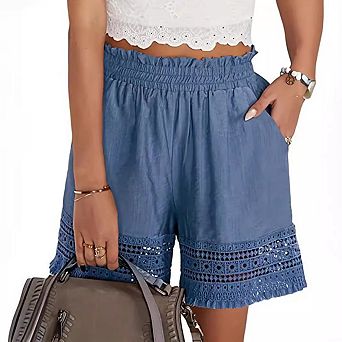 Women Summer Beach Ruffle Shorts, Casual Elastic Waist Stretch Linen Lace Trim Lounge Shorts
