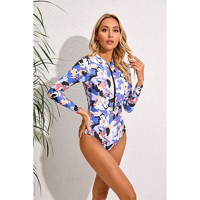 Women’s Long Sleeve Printed Zip One Piece Rash Guard Swimsuit Surfing Snorkeling Bathing Suit