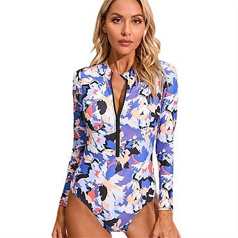 Women’s Long Sleeve Printed Zip One Piece Rash Guard Swimsuit Surfing Snorkeling Bathing Suit