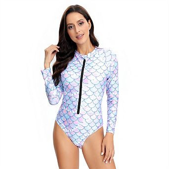 Women’s Long Sleeve Printed Zip One Piece Rash Guard Swimsuit Surfing Snorkeling Bathing Suit