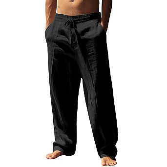 Men's Linen Blend Straight Leg Pants Casual Drawstring Trousers