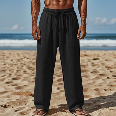Men's Linen Blend Straight Leg Pants Casual Drawstring Trousers