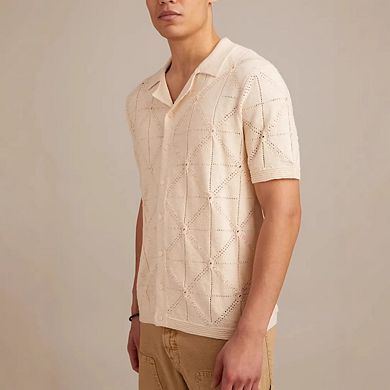 Men's Knit Button-Down Short Sleeve Shirt Hollow-Out Casual Top