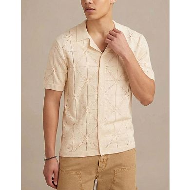 Men's Knit Button-Down Short Sleeve Shirt Hollow-Out Casual Top