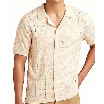 Men's Knit Button-Down Short Sleeve Shirt Hollow-Out Casual Top