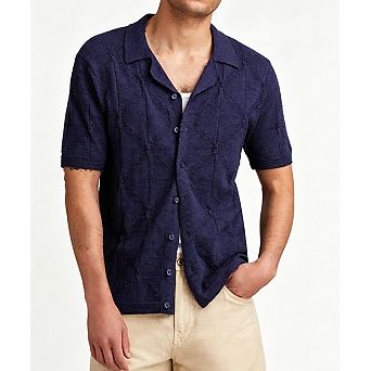 Men's Knit Button-Down Short Sleeve Shirt Hollow-Out Casual Top
