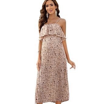 Maternity Spaghetti Strap Floral Dress, High Waist Backless Pleated Ruffle Boho Maxi Beach Dress