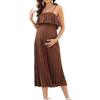Maternity Spaghetti Strap Floral Dress, High Waist Backless Pleated Ruffle Boho Maxi Beach Dress