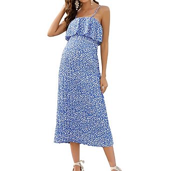 Maternity Spaghetti Strap Floral Dress, High Waist Backless Pleated Ruffle Boho Maxi Beach Dress