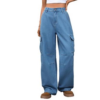 Cargo Pants for Women Wide Leg Baggy High Waisted Stretch Ankle Cuffs 6 Pockets Straight Casual Jean