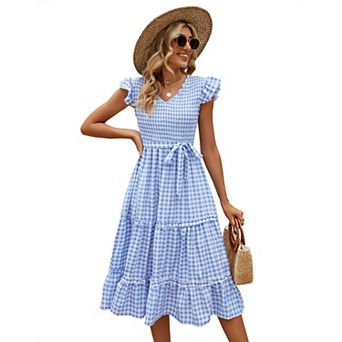 GlowSol Womens Summer Dress Casual V Neck Belted Puff Sleeve Midi Dresses