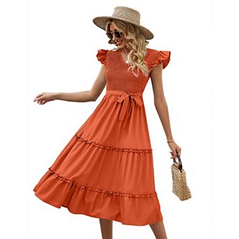 GlowSol Womens Summer Dress Casual V Neck Belted Puff Sleeve Midi Dresses