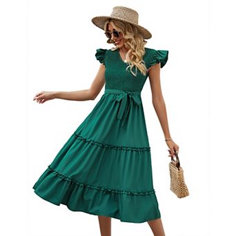 GlowSol Womens Summer Dress Casual V Neck Belted Puff Sleeve Midi Dresses