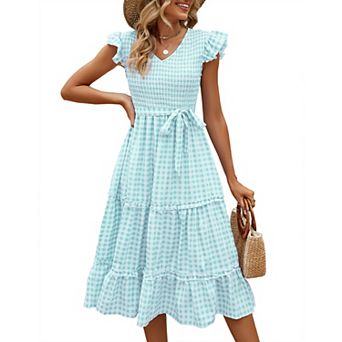 GlowSol Womens Summer Dress Casual V Neck Belted Puff Sleeve Midi Dresses