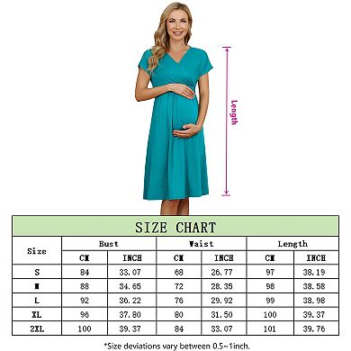 GlowSol Womens Maternity V-neck Short Sleeve Smocked A-line Flowy dress