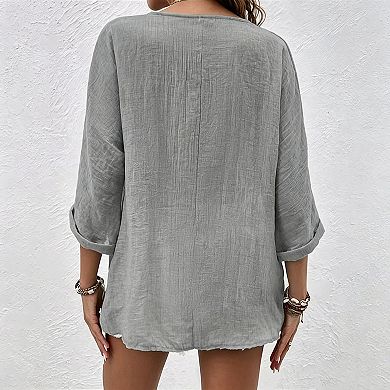 Women's V-Neck Button-Down Blouse, 3/4 Roll-Up Sleeve Casual Top