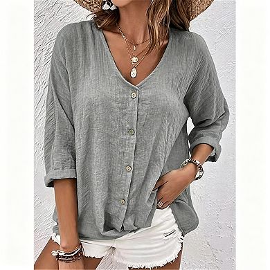 Women's V-Neck Button-Down Blouse, 3/4 Roll-Up Sleeve Casual Top