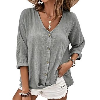 Women's V-Neck Button-Down Blouse, 3/4 Roll-Up Sleeve Casual Top