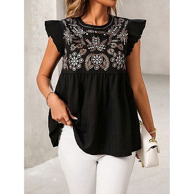Women's Embroidered Ruffle Sleeve Peplum Blouse, Round Neck Casual Top