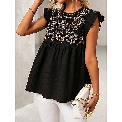 Women's Embroidered Ruffle Sleeve Peplum Blouse, Round Neck Casual Top