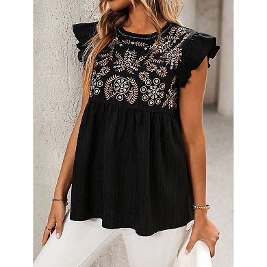 Women's Embroidered Ruffle Sleeve Peplum Blouse, Round Neck Casual Top