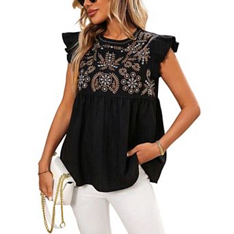 Women's Embroidered Ruffle Sleeve Peplum Blouse, Round Neck Casual Top