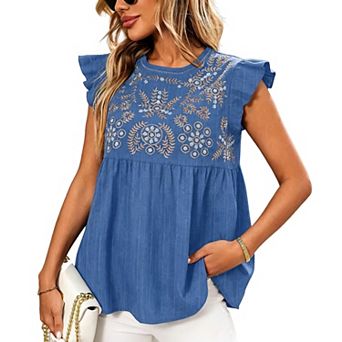 Women's Embroidered Ruffle Sleeve Peplum Blouse, Round Neck Casual Top