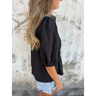 Women’s Button Front Smocked Blouse Puff Sleeve Loose Fit Peplum Top