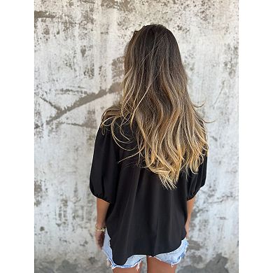 Women’s Button Front Smocked Blouse Puff Sleeve Loose Fit Peplum Top