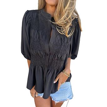 Women’s Button Front Smocked Blouse Puff Sleeve Loose Fit Peplum Top