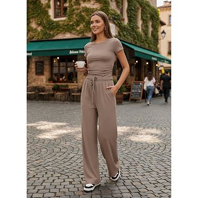 Women's 2-Piece Casual Outfit, Short Sleeve Top & Wide Leg Pants Loungewear Set