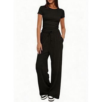 Women's 2 pc Casual Outfit, Short Sleeve Top & Wide Leg Pants Loungewear Set
