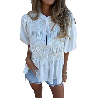 Women’s Button Front Smocked Blouse Puff Sleeve Loose Fit Peplum Top
