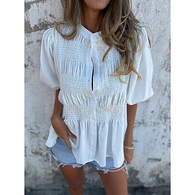 Women’s Button Front Smocked Blouse Puff Sleeve Loose Fit Peplum Top