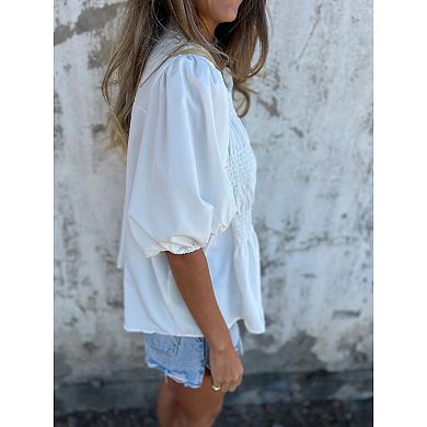 Women’s Button Front Smocked Blouse Puff Sleeve Loose Fit Peplum Top