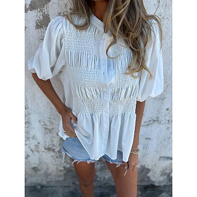 Women’s Button Front Smocked Blouse Puff Sleeve Loose Fit Peplum Top