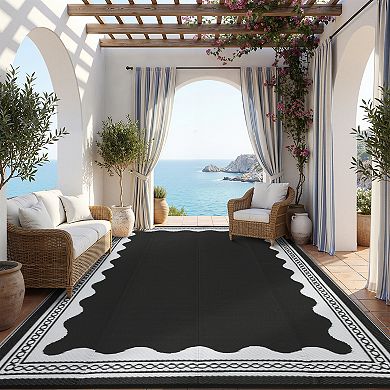 Waterproof Reversible Outdoor Rug Modern Scalloped Mat for Patio, RV, Camping & Beach