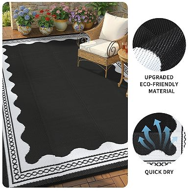 Waterproof Reversible Outdoor Rug Modern Scalloped Mat for Patio, RV, Camping & Beach