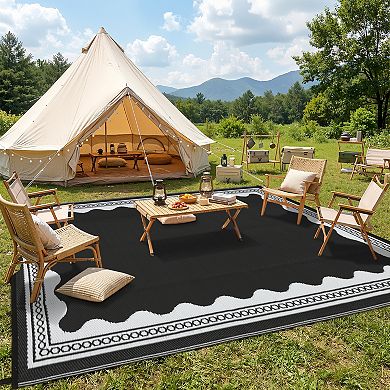 Waterproof Reversible Outdoor Rug Modern Scalloped Mat for Patio, RV, Camping & Beach
