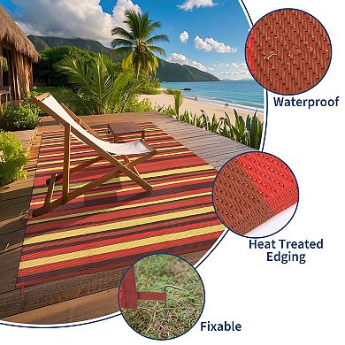 Reversible Outdoor Rug Waterproof Geometric Striped Mat for Patio Deck & Camping