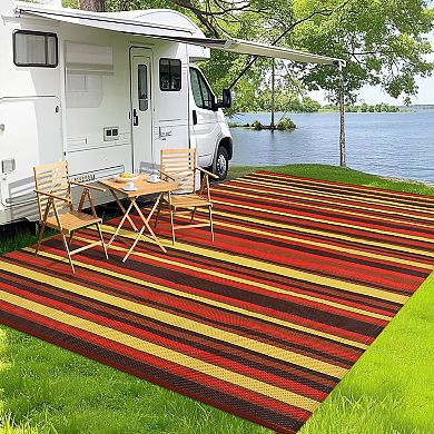Reversible Outdoor Rug Waterproof Geometric Striped Mat for Patio Deck & Camping