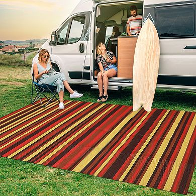 Reversible Outdoor Rug Waterproof Geometric Striped Mat for Patio Deck & Camping