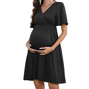 Women's Maternity Short Sleeve Ruffle Dress Casual Flowy Elegant Pregnancy Mini Dress