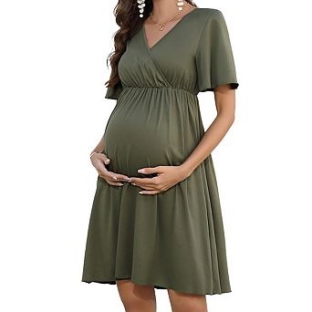 Women's Maternity Short Sleeve Ruffle Dress Casual Flowy Elegant Pregnancy Mini Dress