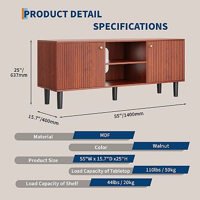 Fluted Wood TV Stand for TVs - Mid Century Modern Entertainment Center Adjustable Shelf