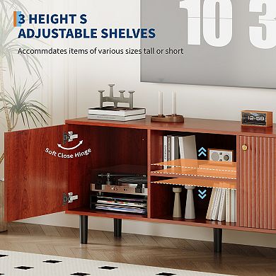 Fluted Wood TV Stand for TVs - Mid Century Modern Entertainment Center Adjustable Shelf