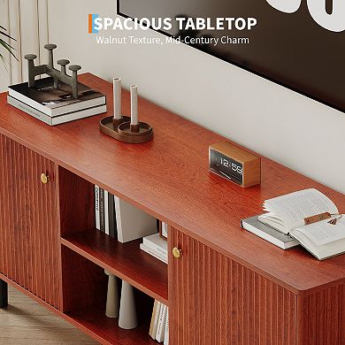 Fluted Wood TV Stand for TVs - Mid Century Modern Entertainment Center Adjustable Shelf