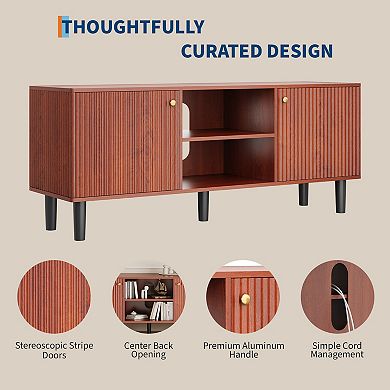 Fluted Wood TV Stand for TVs - Mid Century Modern Entertainment Center Adjustable Shelf