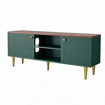 Fluted Wood TV Stand for TVs - Mid Century Modern Entertainment Center Adjustable Shelf