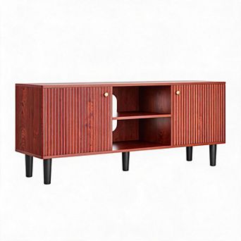 Fluted Wood TV Stand for TVs - Mid Century Modern Entertainment Center Adjustable Shelf